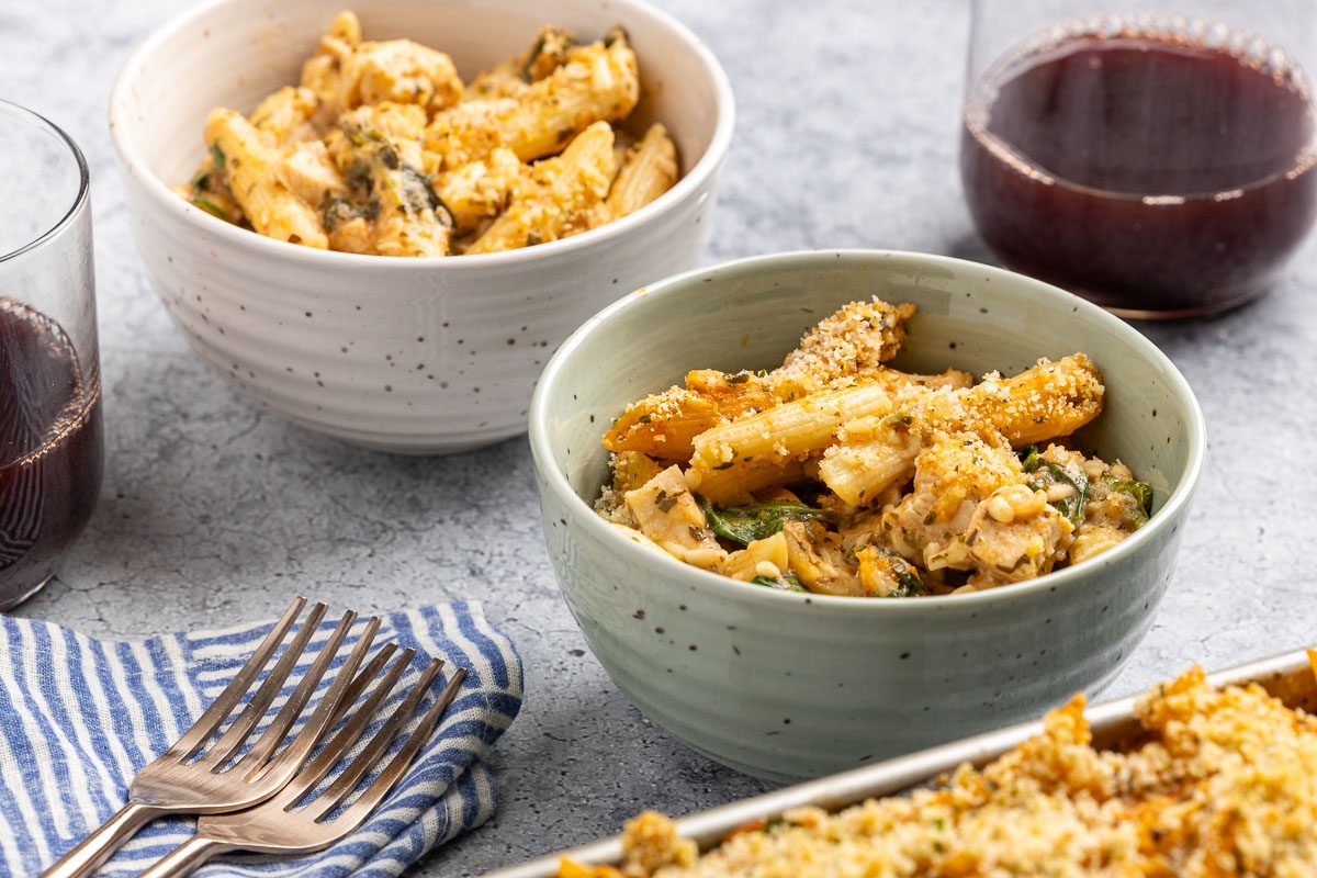 Taste of Home Pesto Chicken Casserole recipe photo of recipe cooked and portioned into bowls.