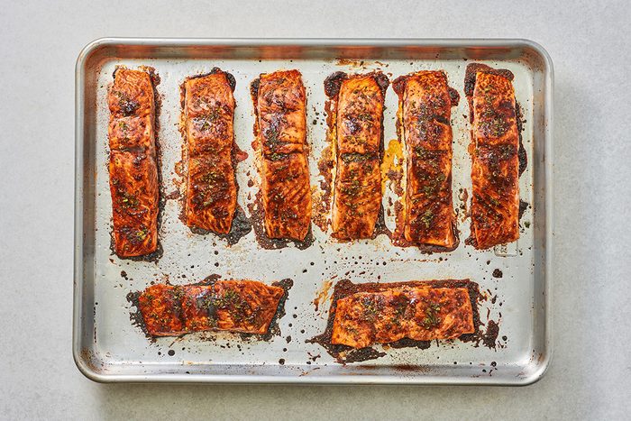 Baked salmon on a baking sheet