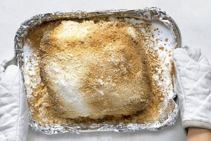 Roasted prime rib covered in salt