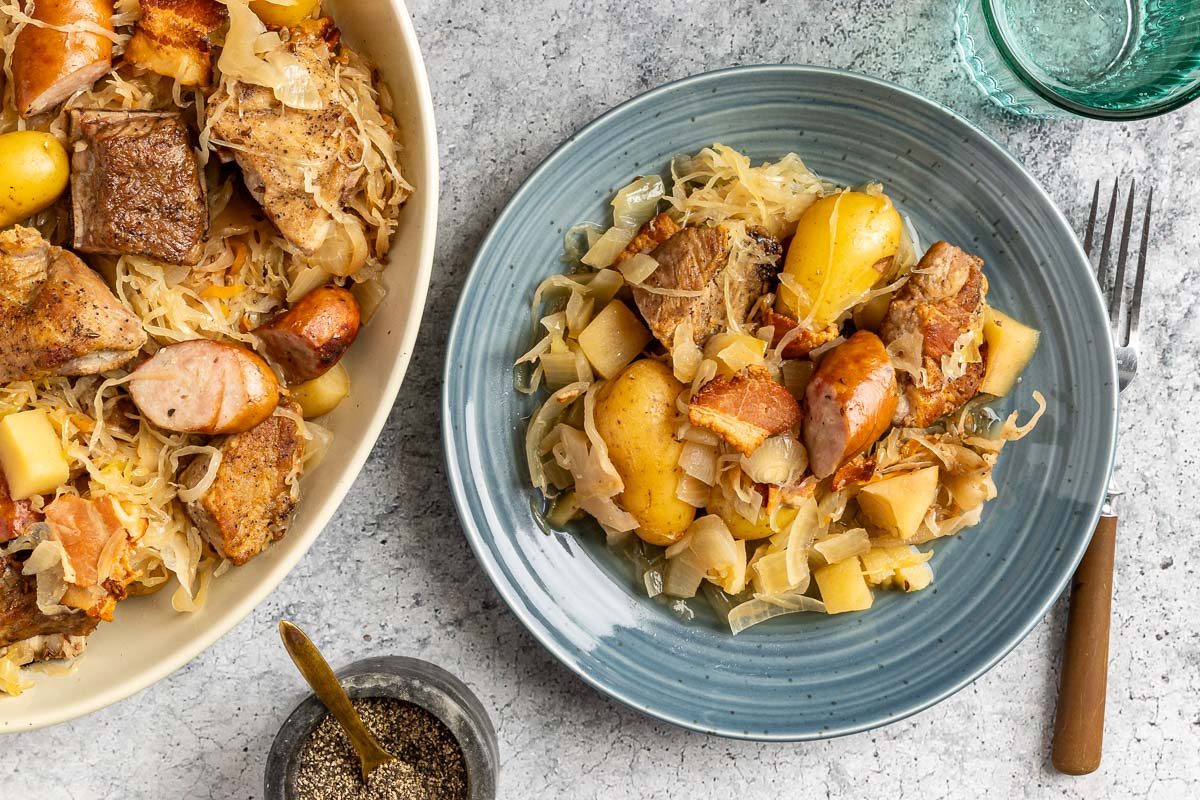 Taste of Home Slow Cooker Pork and Sauerkraut photo of the finished recipe.