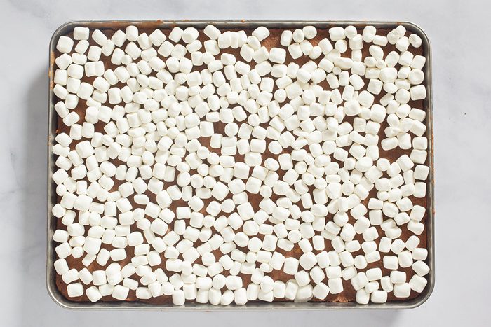 Sprinkled mushrooms on brownie layer