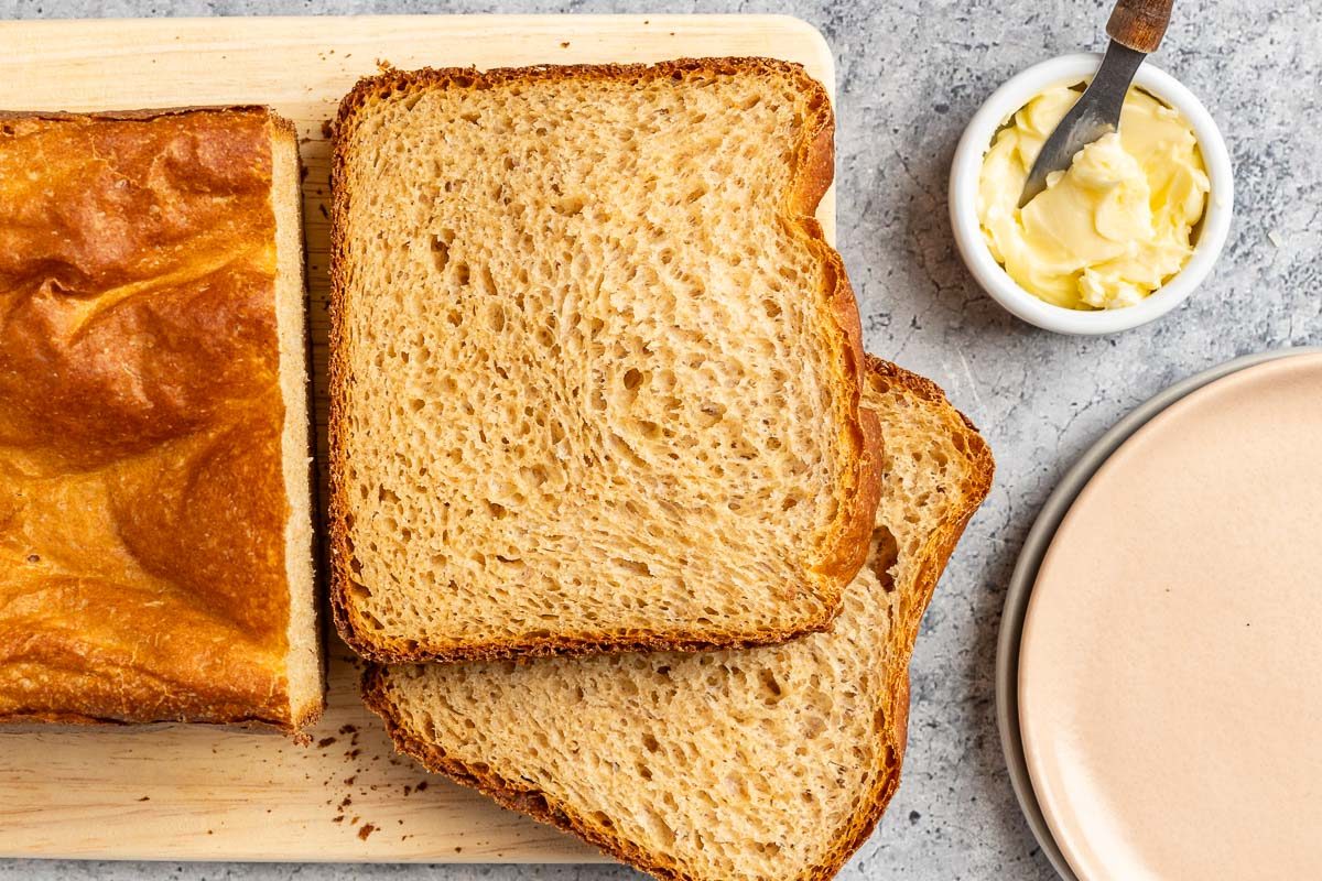 Taste of Home Whole Wheat Bread Machine recipe photo of the finished recipe sliced.