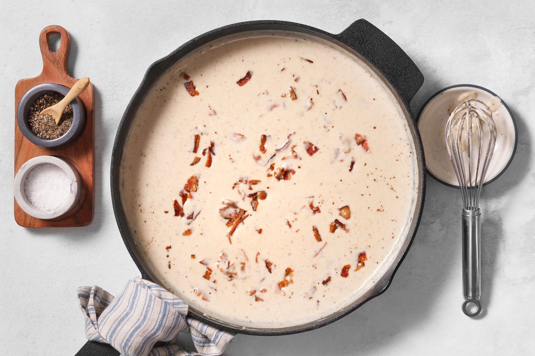 chopped bacon, salt and pepper added to gravy