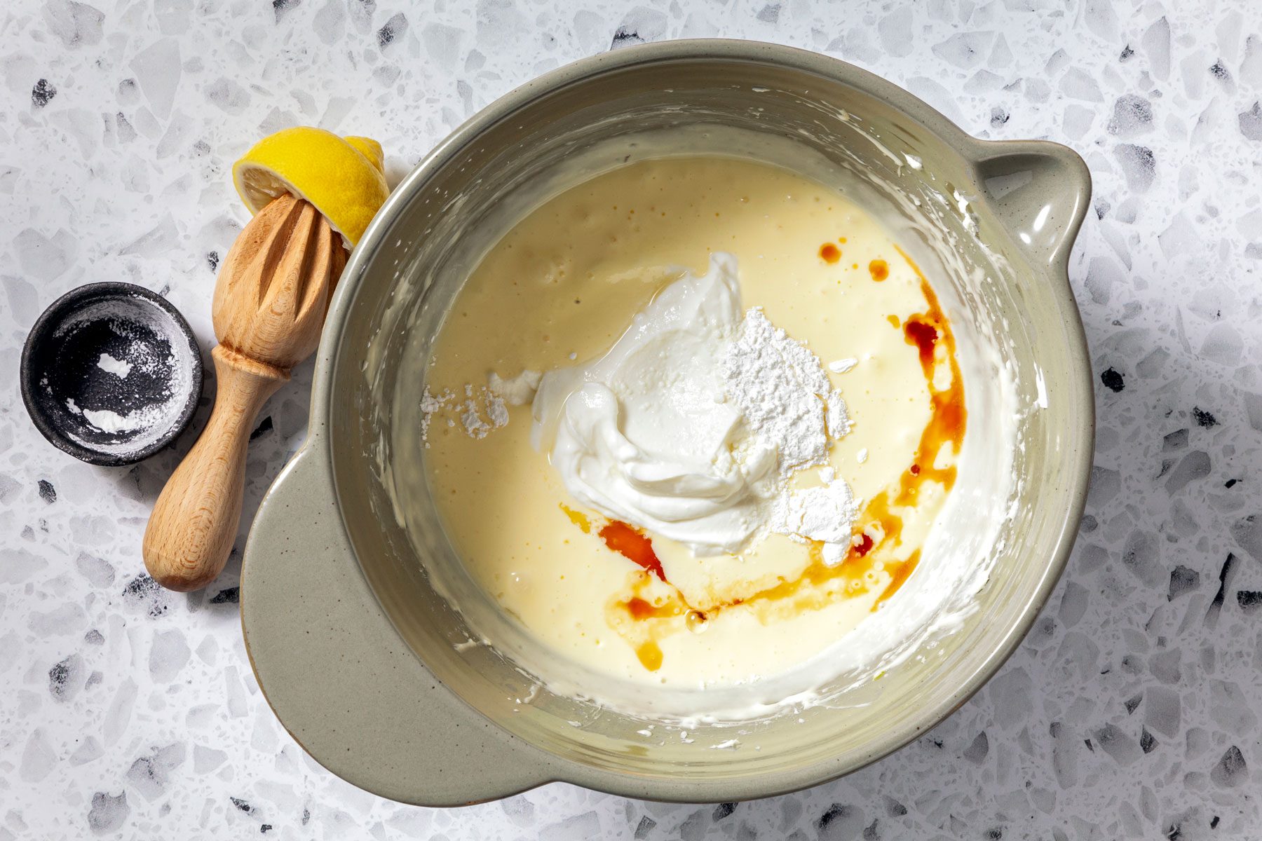 Greek yogurt, lemon juice, cornstarch and vanilla added to cream cheese