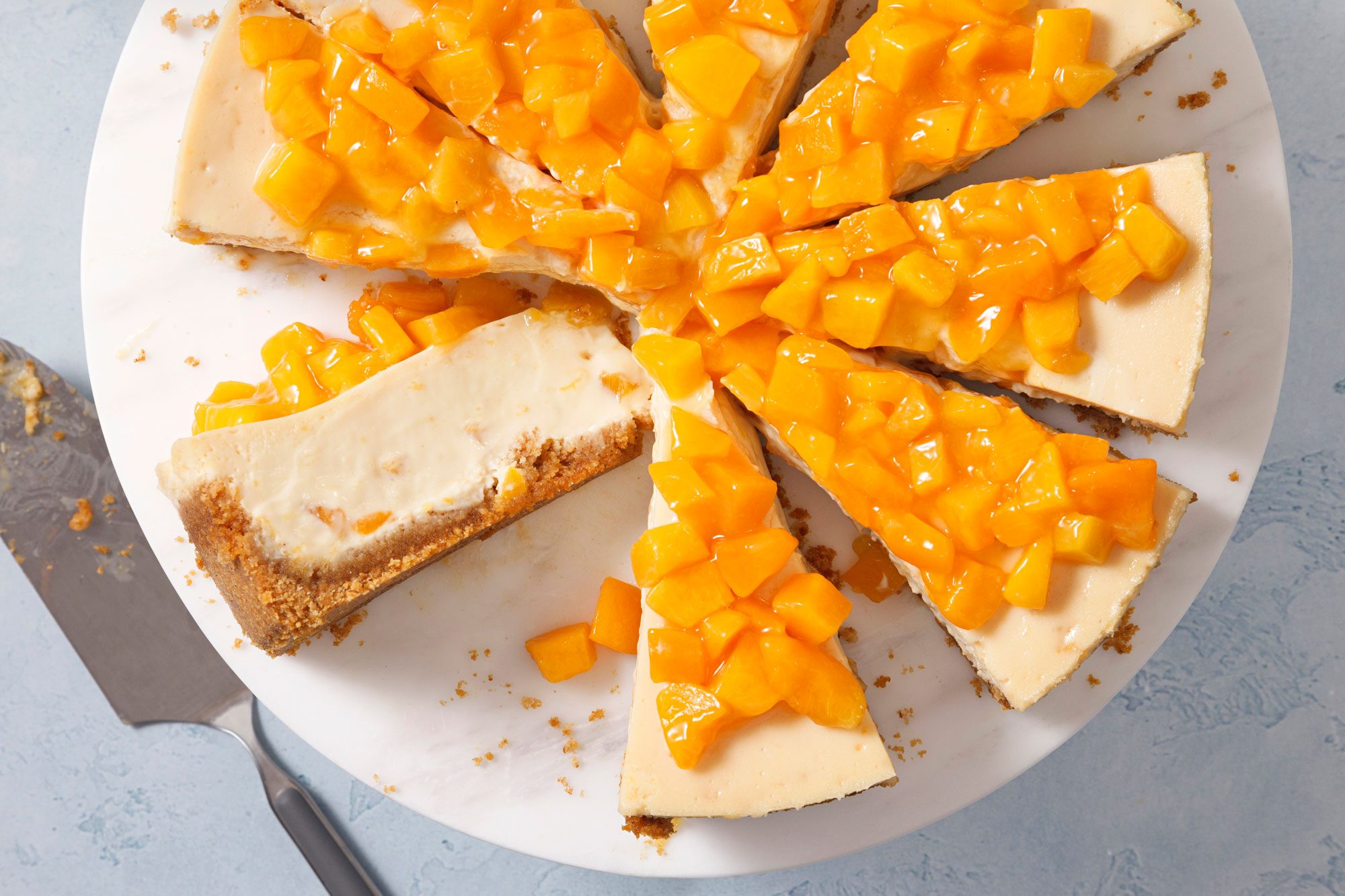 overhead shot of peach cheesecake