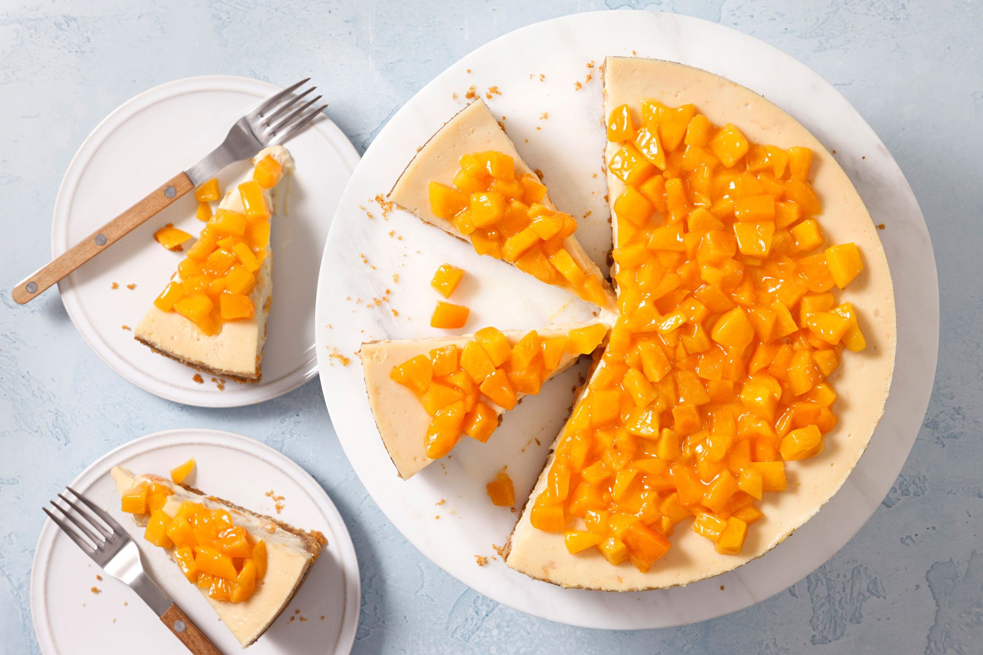 overhead shot of peach cheesecake