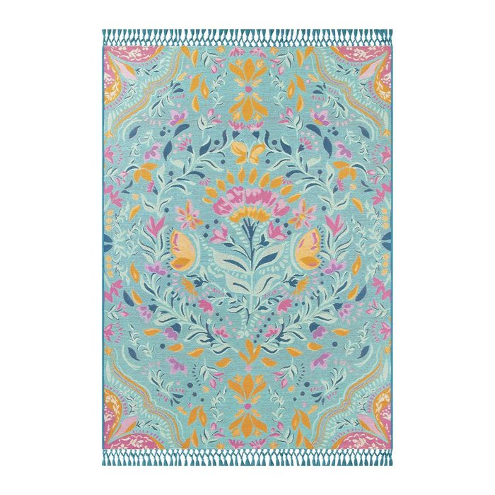 A multicolored pastel rug with a meadow-themed design on a white background