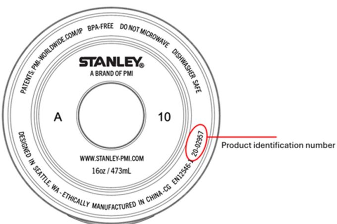Diagram of the bottom of a Stanley Mug Showing the product identification number circled in red