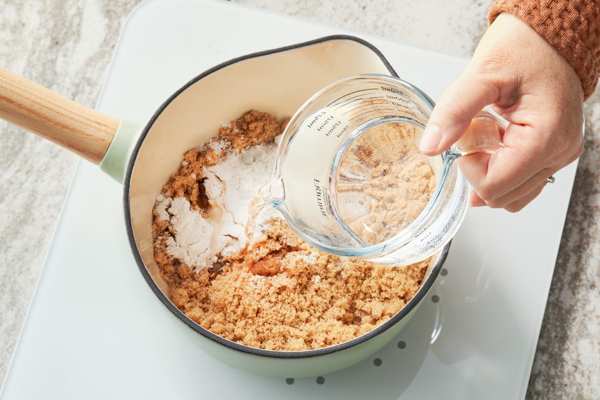 In a saucepan combine brown sugar 1 quarter cup flour and 1 quarter teaspoon salt; water and lemon juice
