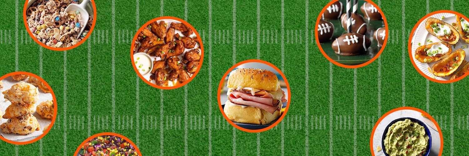 Taste Of Home Snackable Banner Image featuring recipe images on a football field background