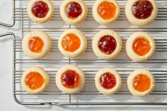 Thumbprint Cookies on a wire rack