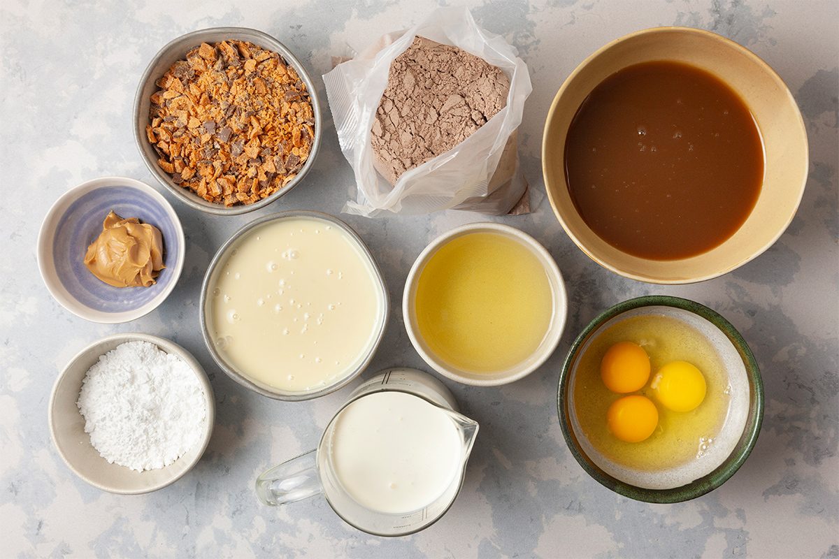 Ingredients for baking arranged on a surface, including brown sugar, flour, peanut butter, granola, three eggs, a bowl of caramel sauce, melted butter, milk in a pitcher, a bowl of cream, and shredded coconut.