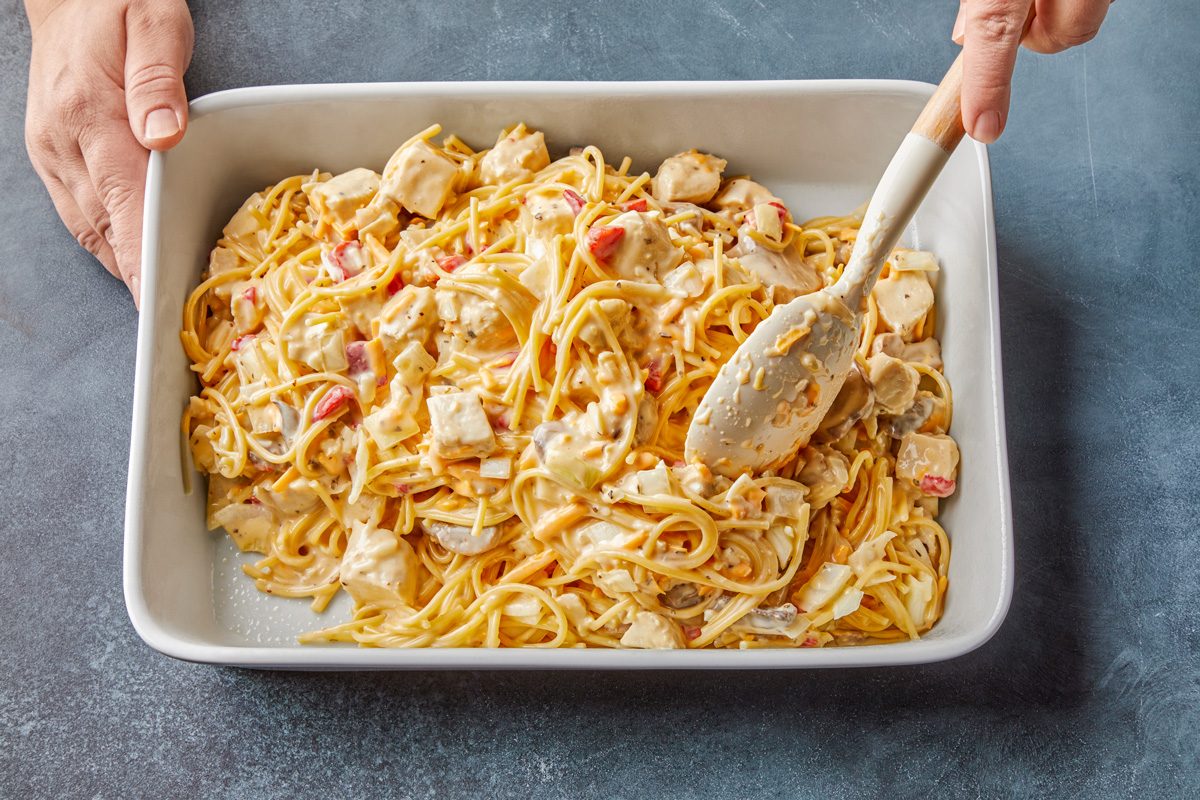 Transfer to a greased 13x9-in. baking dish. Cover and bake at 350° for 20 minutes.