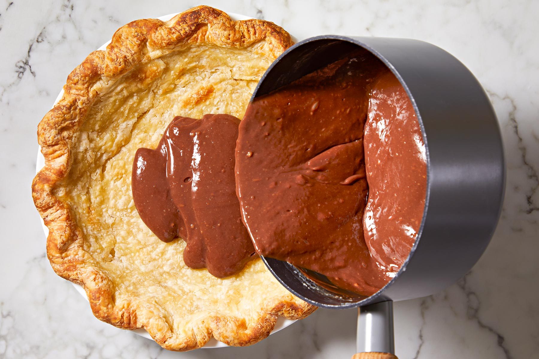 Pour chocolate mixture into pie crust.