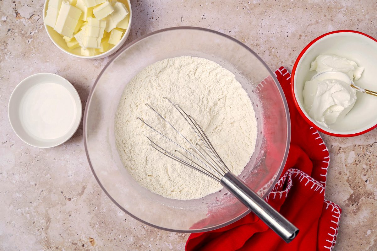 flour, baking powder and salt combined in a large bowl