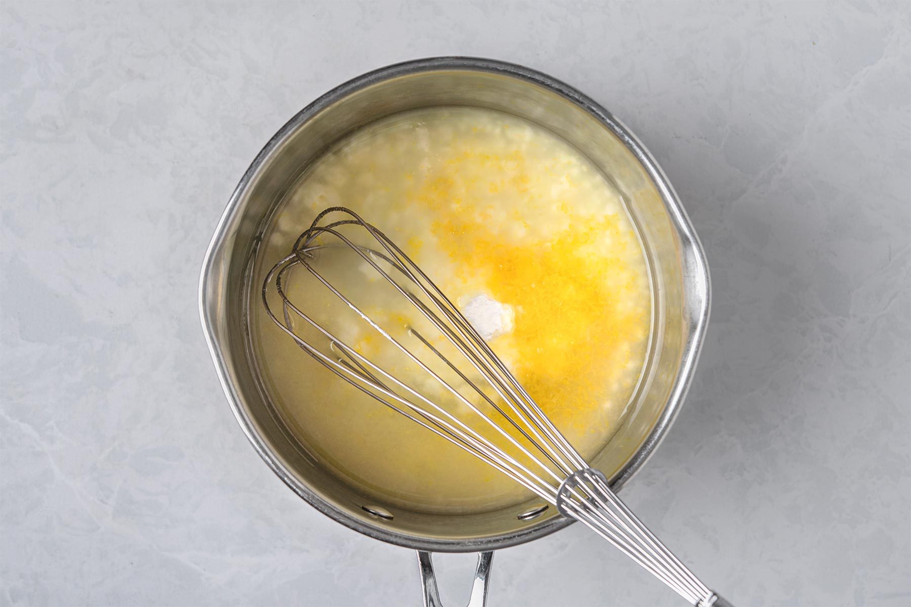 In a large heavy saucepan, mix sugar and cornstarch. Whisk in lemon juice and zest.