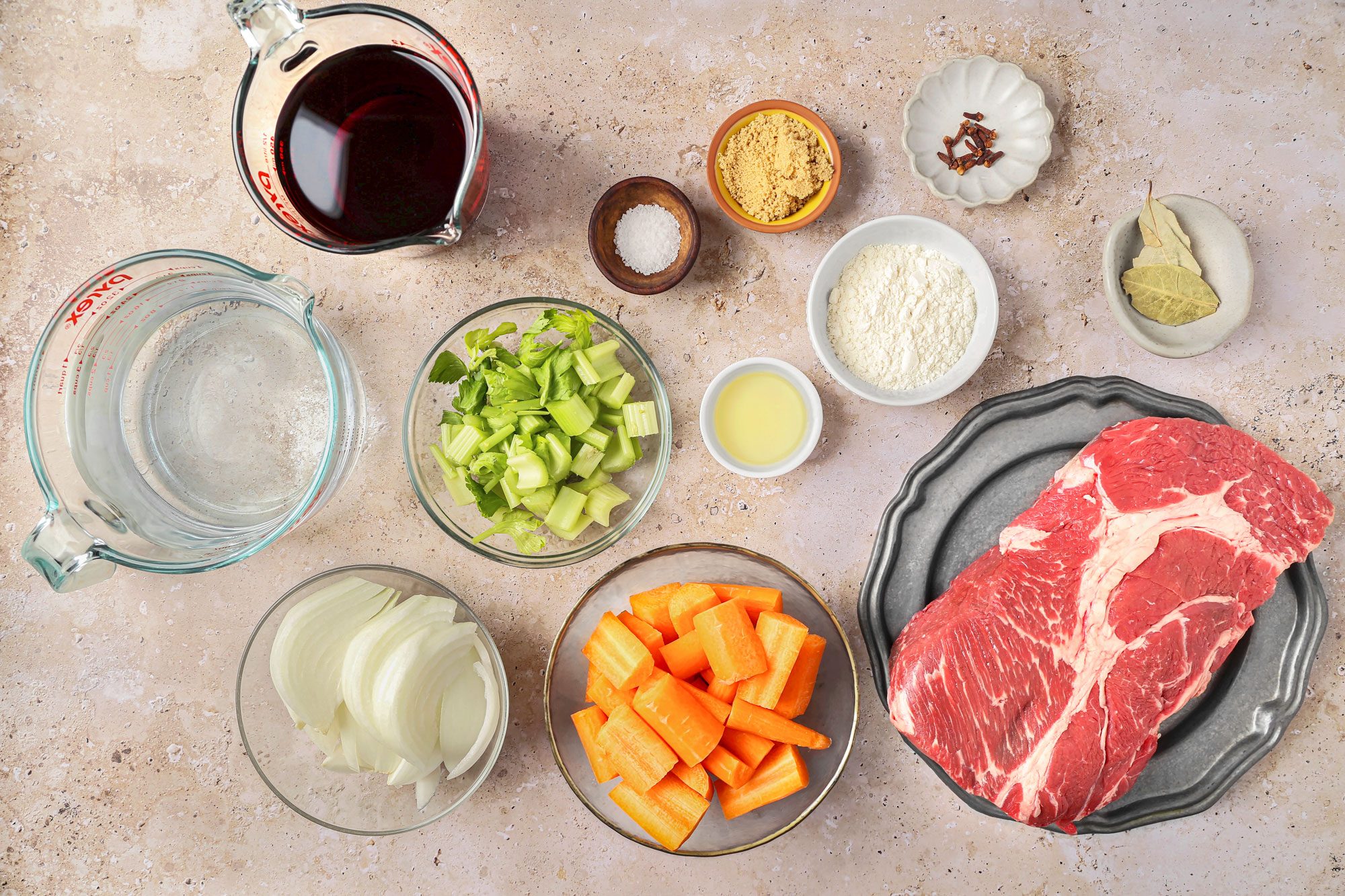 Ingredients laid out in various bowls and dishes.