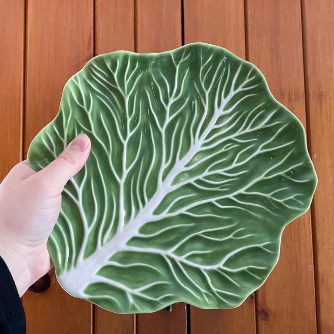 Hand holding a cabbage plate on a wooden background