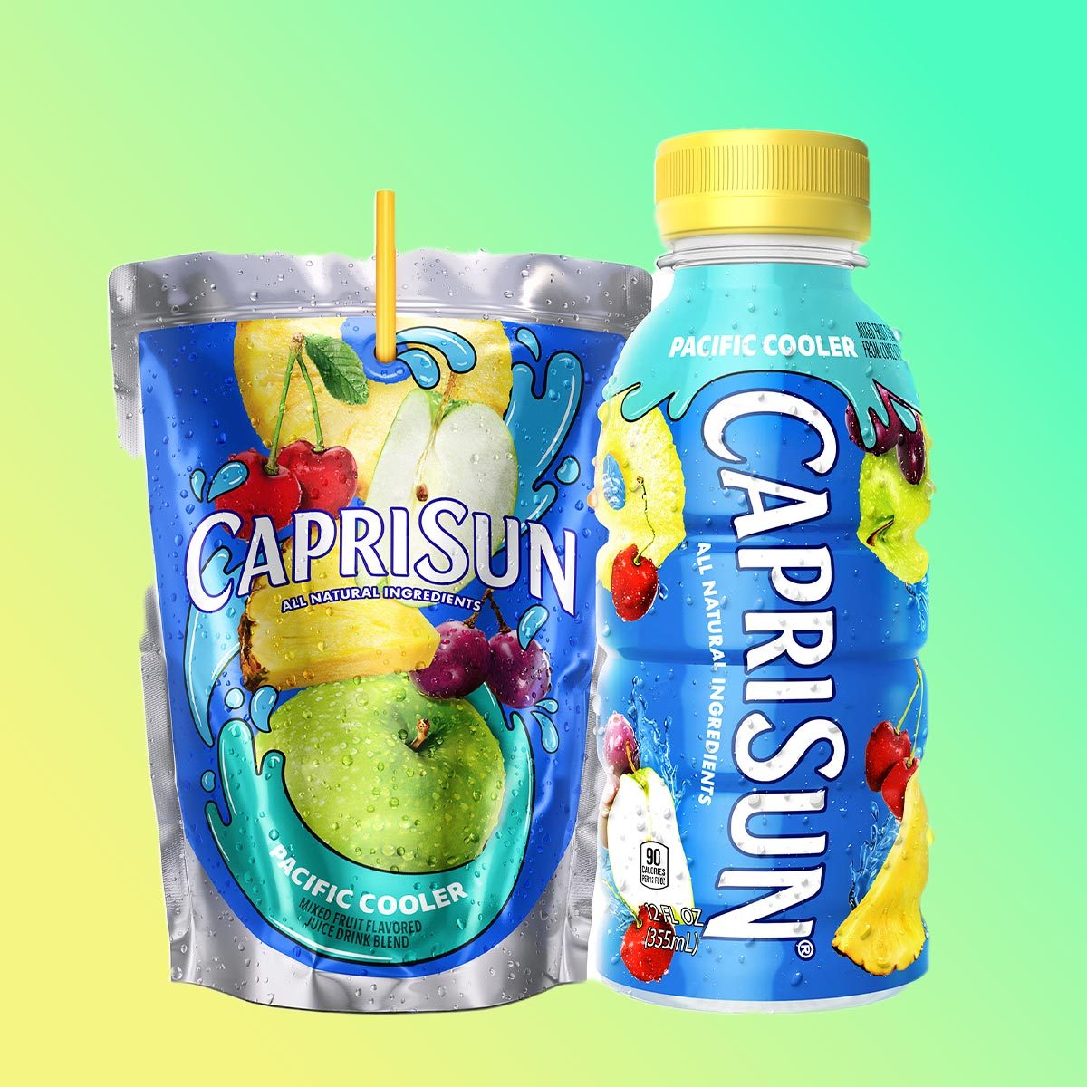 Capri Sun pacific cooler in a plastic bottle and an aluminum pouch, on a yellow and green background
