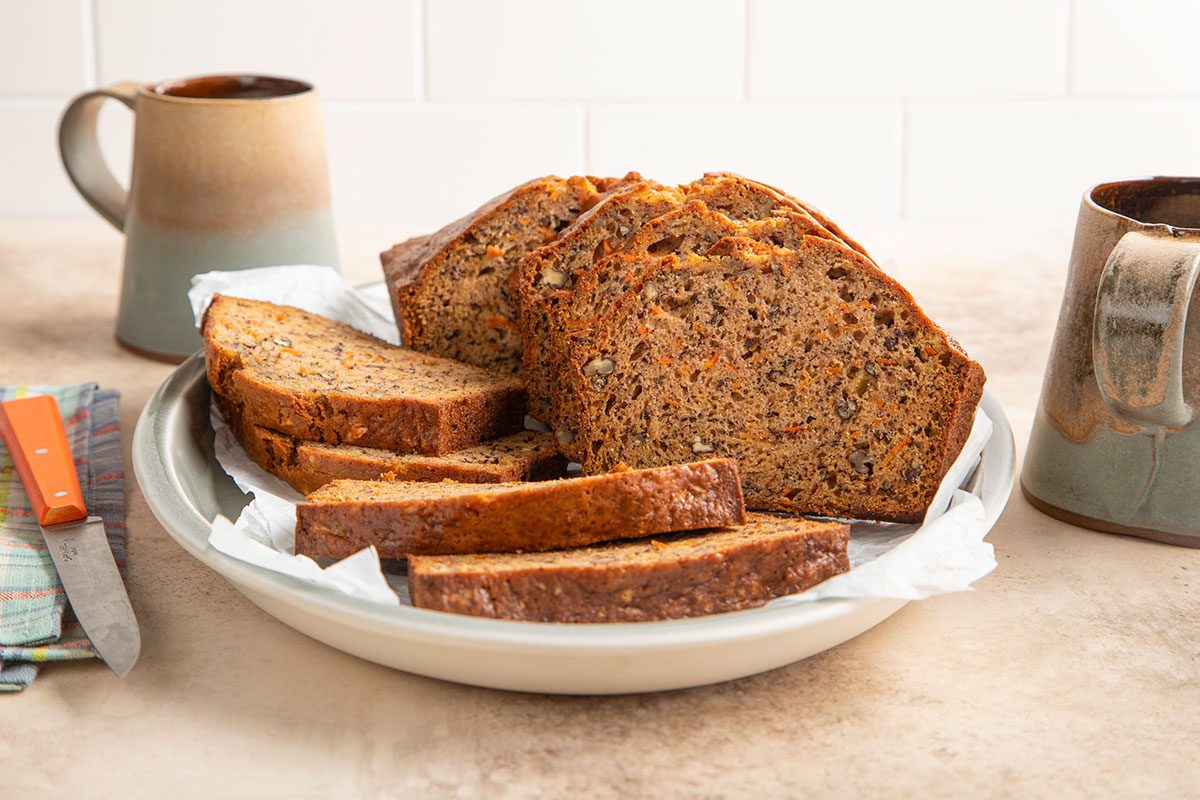 Carrot Banana bread with slices cut ready to serve