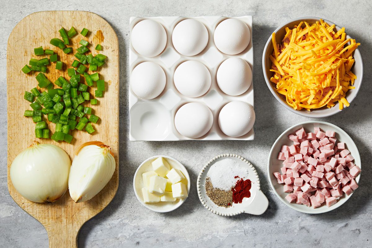 overhead shot of ingredients for Denver Omelet on the kitchen counter