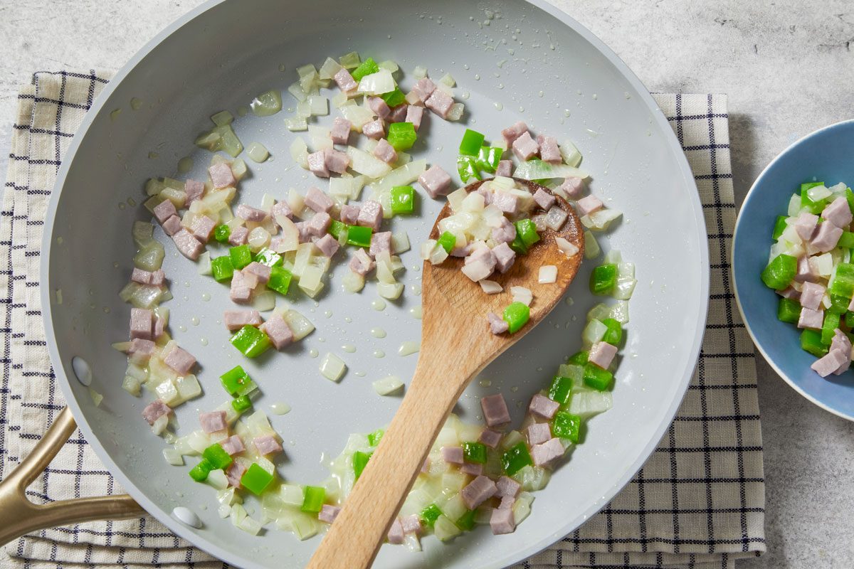 saute onions, ham and green pepper