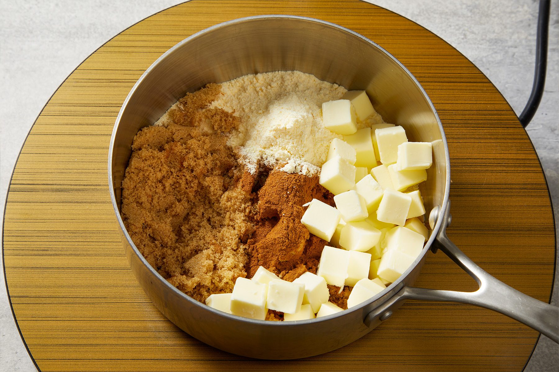 brown sugar, cubed butter, vanilla pudding mix, milk and cinnamon in a large saucepan