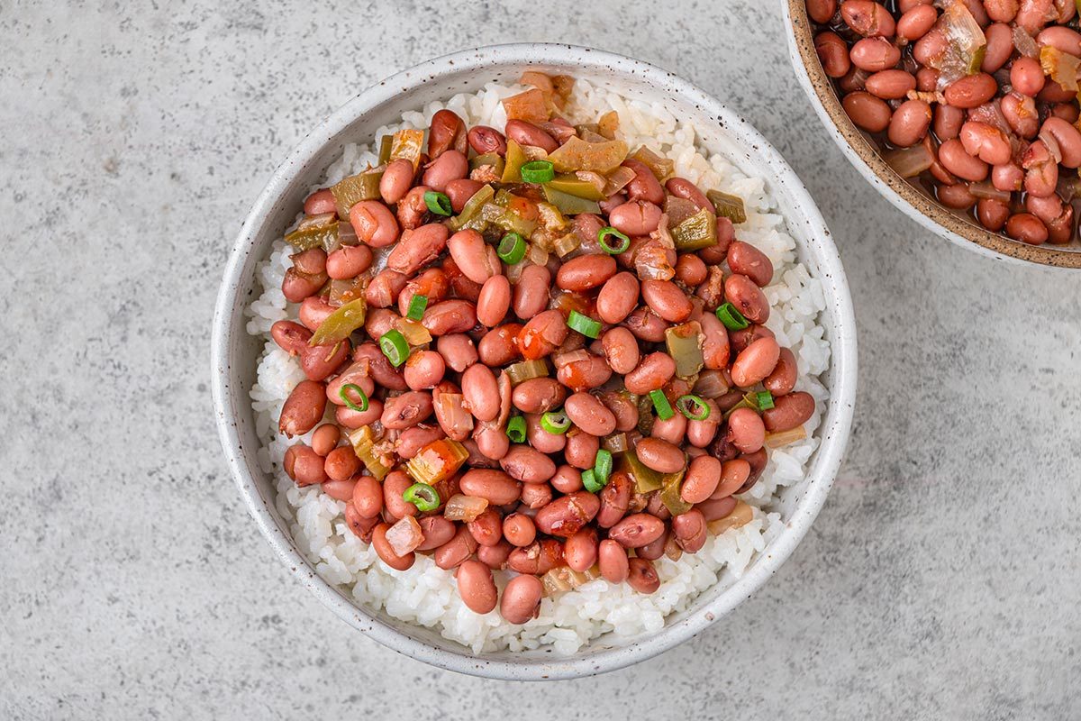 Red Beans & Rice garnished with spring onion and ready to serve