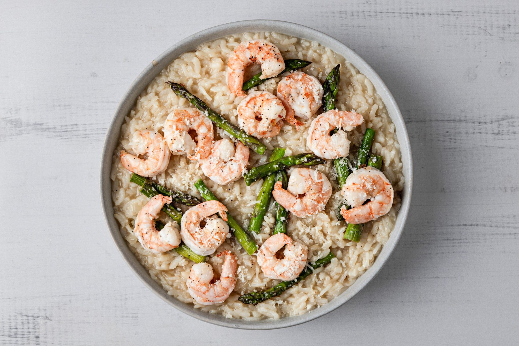 Shrimp and Asparagus Risotto is ready and served in a Bowl