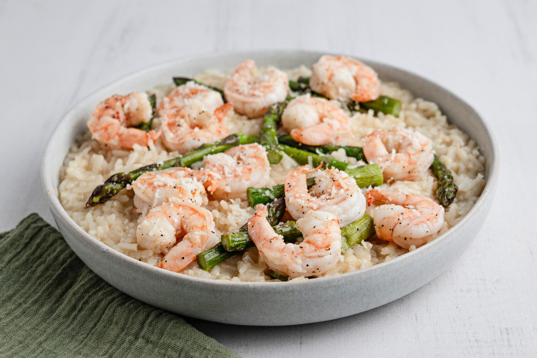 Shrimp and Asparagus Risotto is ready and served in a Bowl