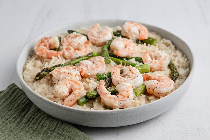 Shrimp and Asparagus Risotto is ready and served in a Bowl