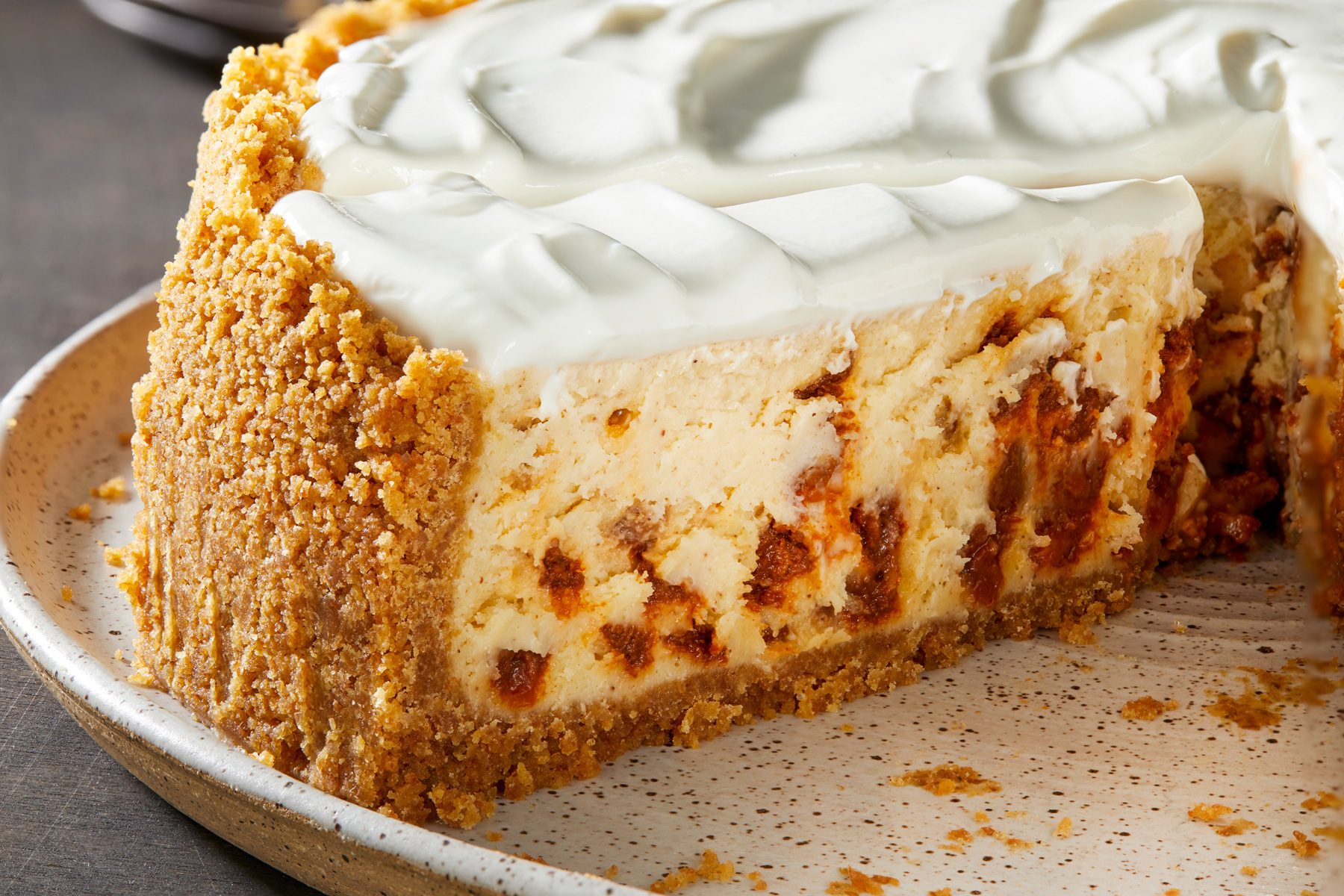 Close up shot of Snickerdoodle Cheesecake; placed on a large plate; over a dark surface;