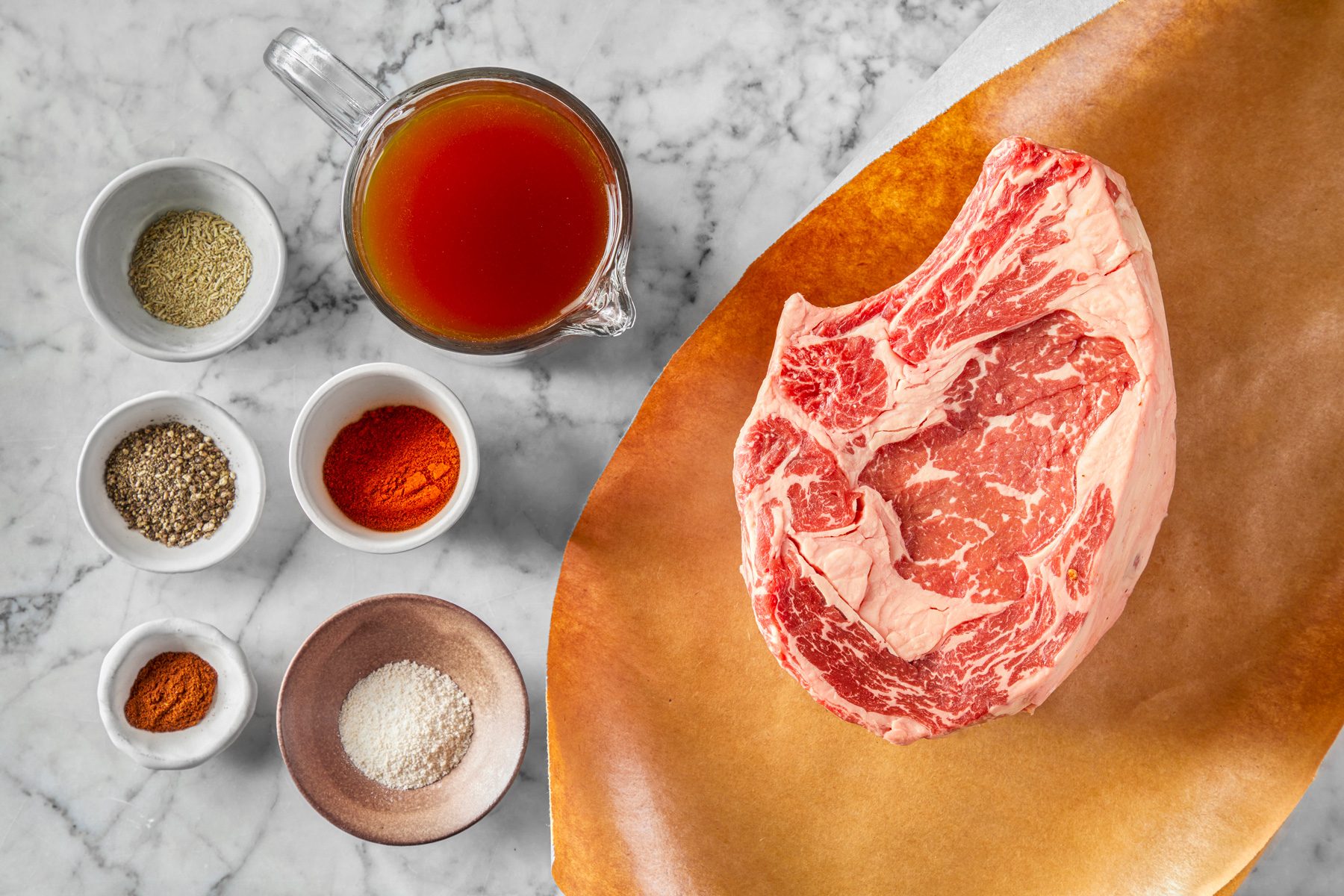 Overhead shot of all ingredients; on marble surface;