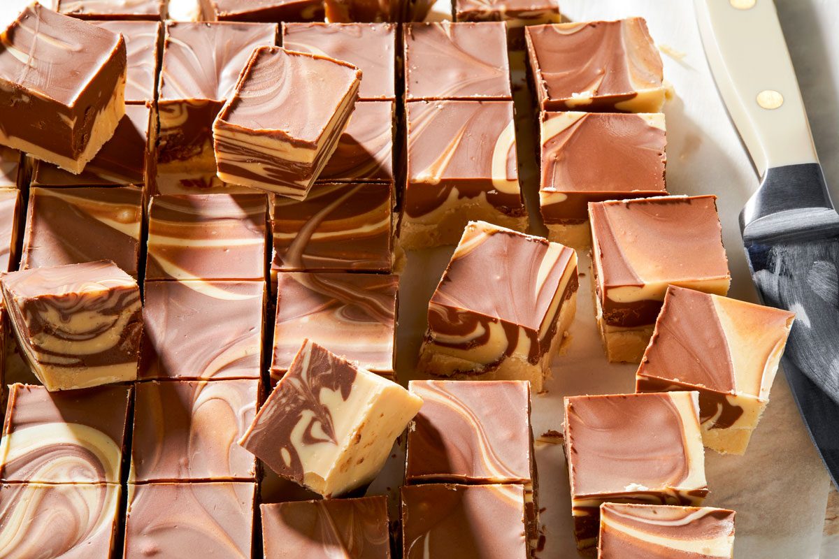 Delicious tiger butter fudge pieces served on a tray