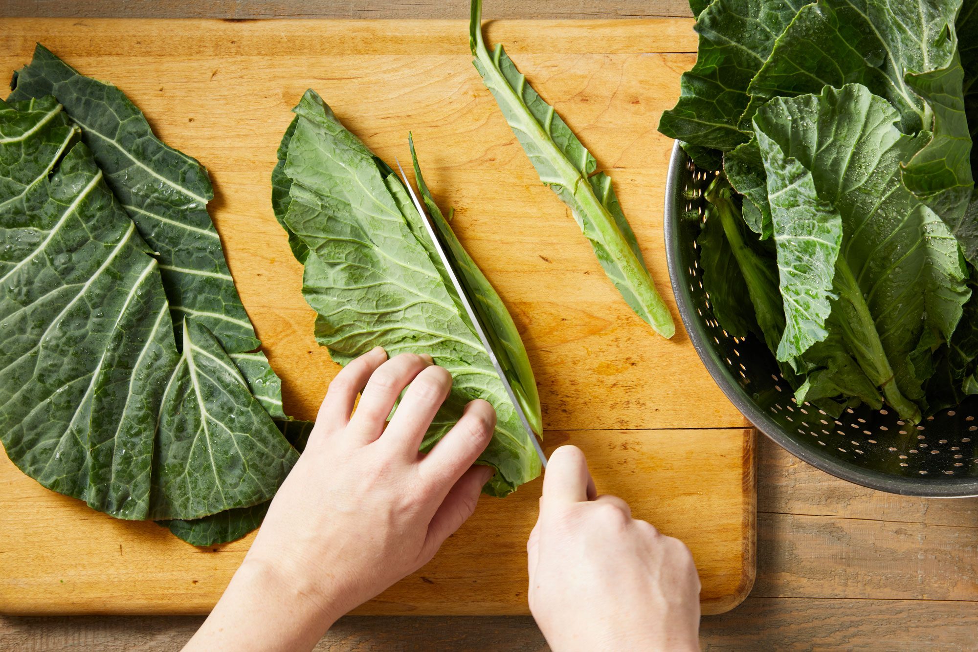 Wash collards thoroughly. Remove thick stems.