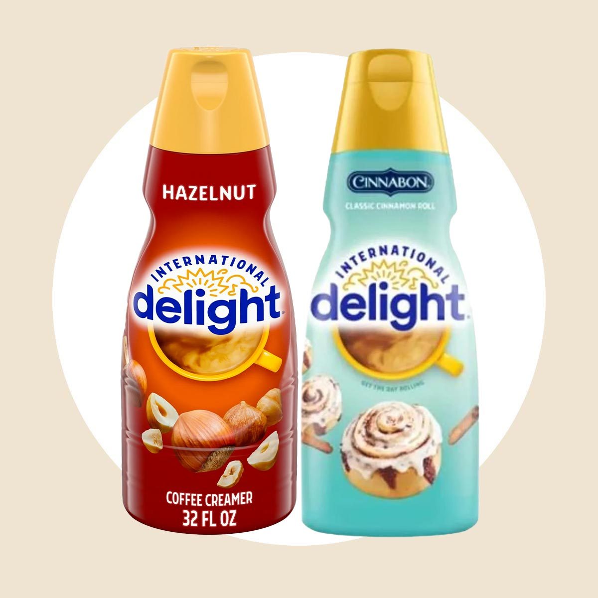 Bottles of Hazelnut And Cinnabon International Delight coffee creamer