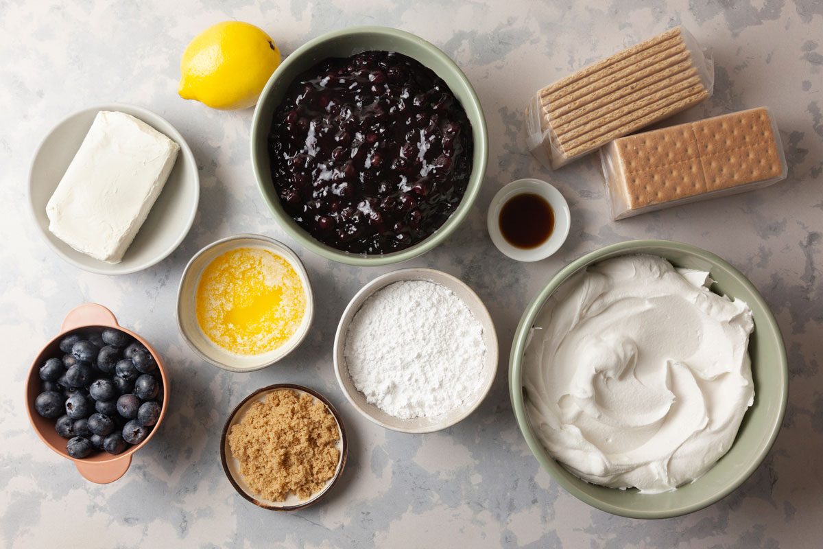 overhead shot of Blueberry Delight ingredients placed over gray background