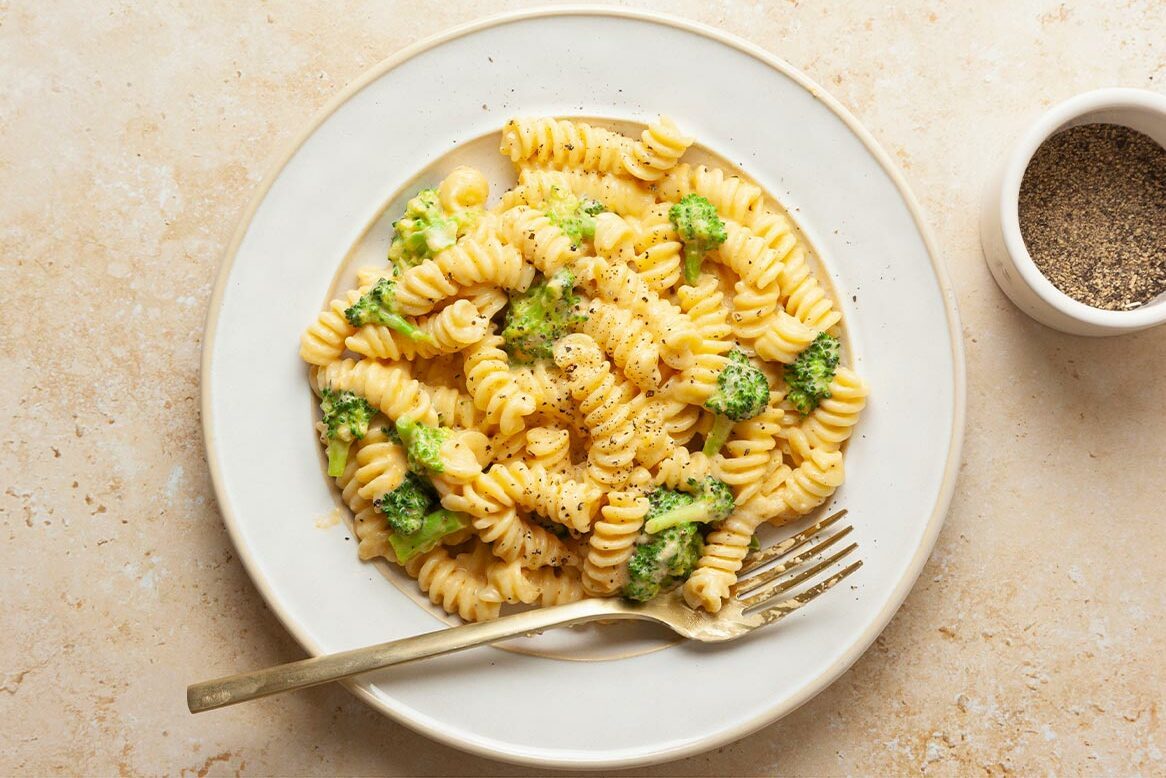 Broccoli Cheddar Pasta served and ready to eat