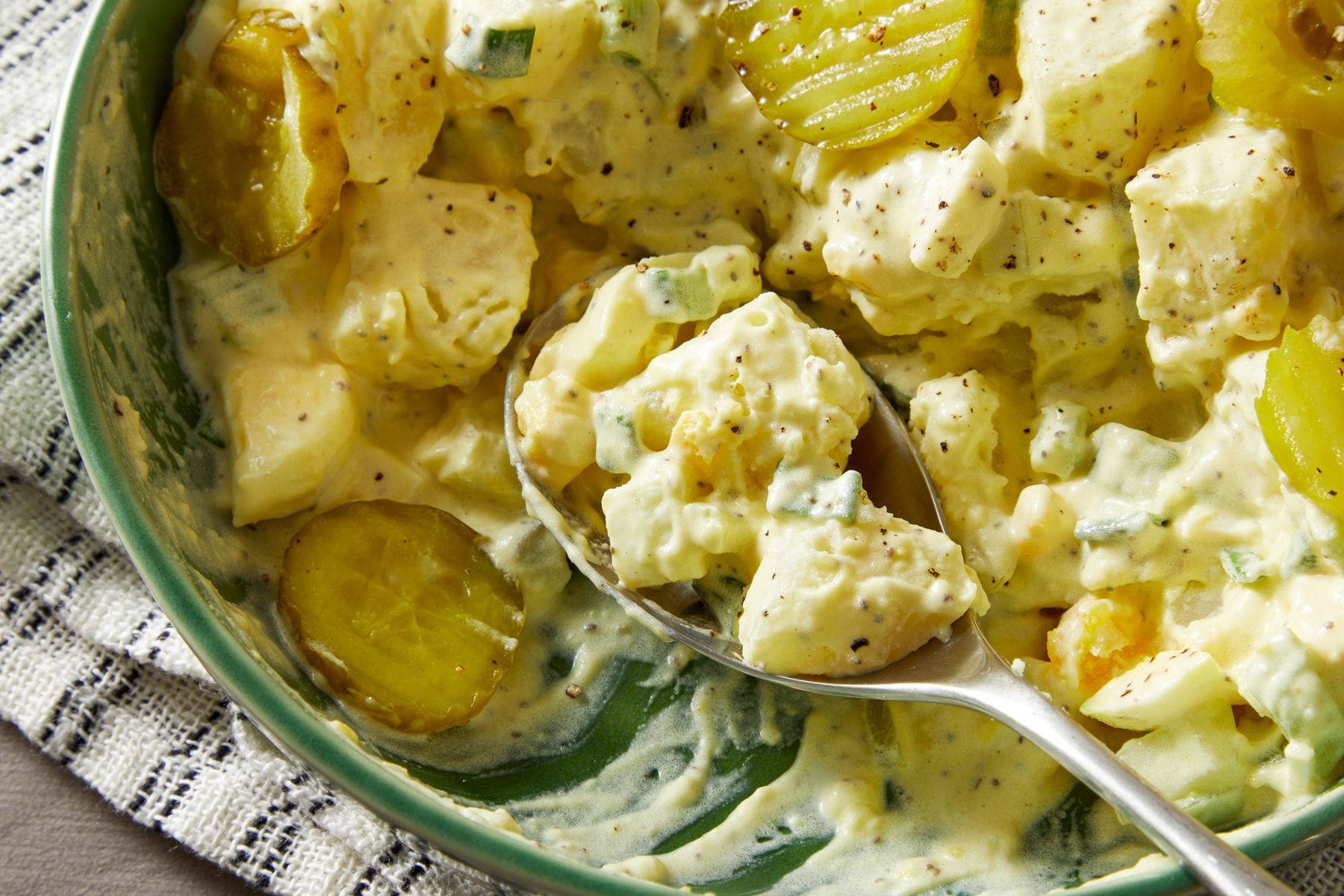 close up shot of Dill Pickle Potato Salad;