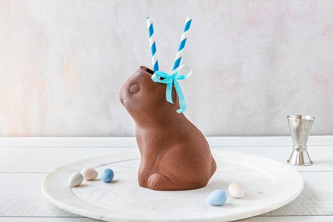 chocolate bunny with straws and ribbons