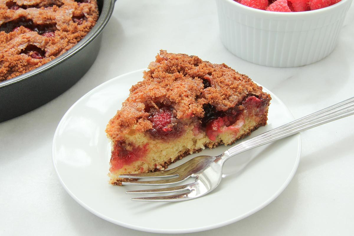 A piece of raspberry Riches Cake ready to serve