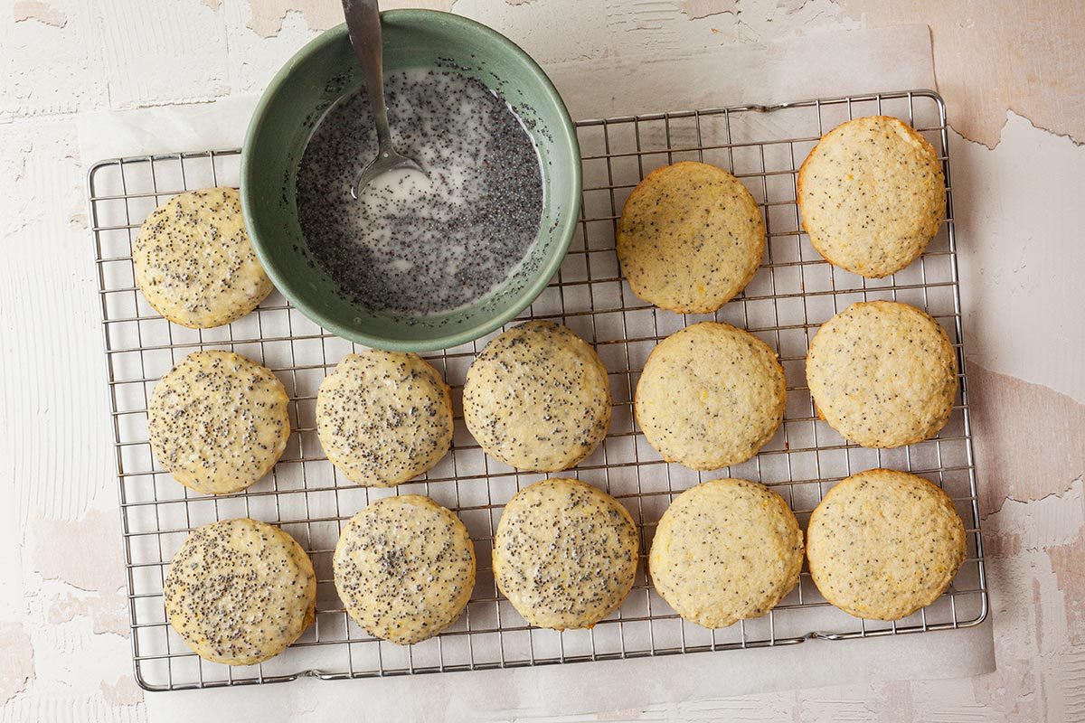 Cooling rack filled with round cookies 
