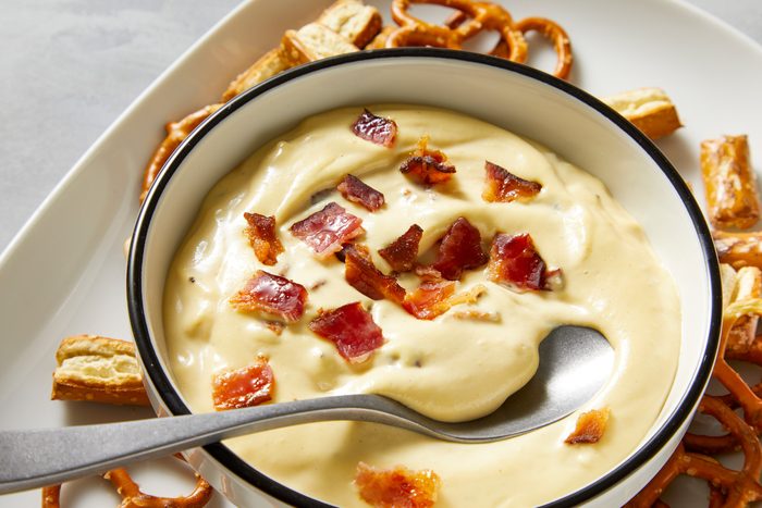 Overhead shot of Dijon-Bacon Dip for Pretzels;