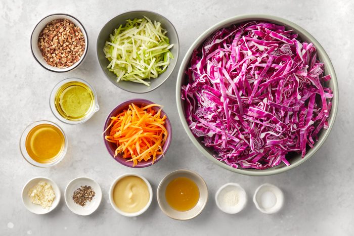 overhead shot of Red Cabbage Salad ingredients placed over background