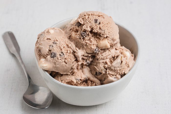 Close shot of Rocky Road Ice Cream; served in a bowl with a spoon