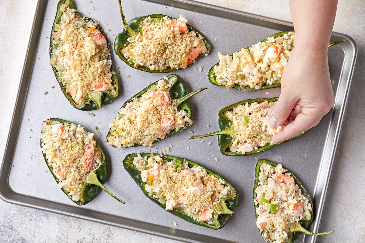 panko bread crumbs, grated Parmesan and melted butter topping sprinkled over the peppers