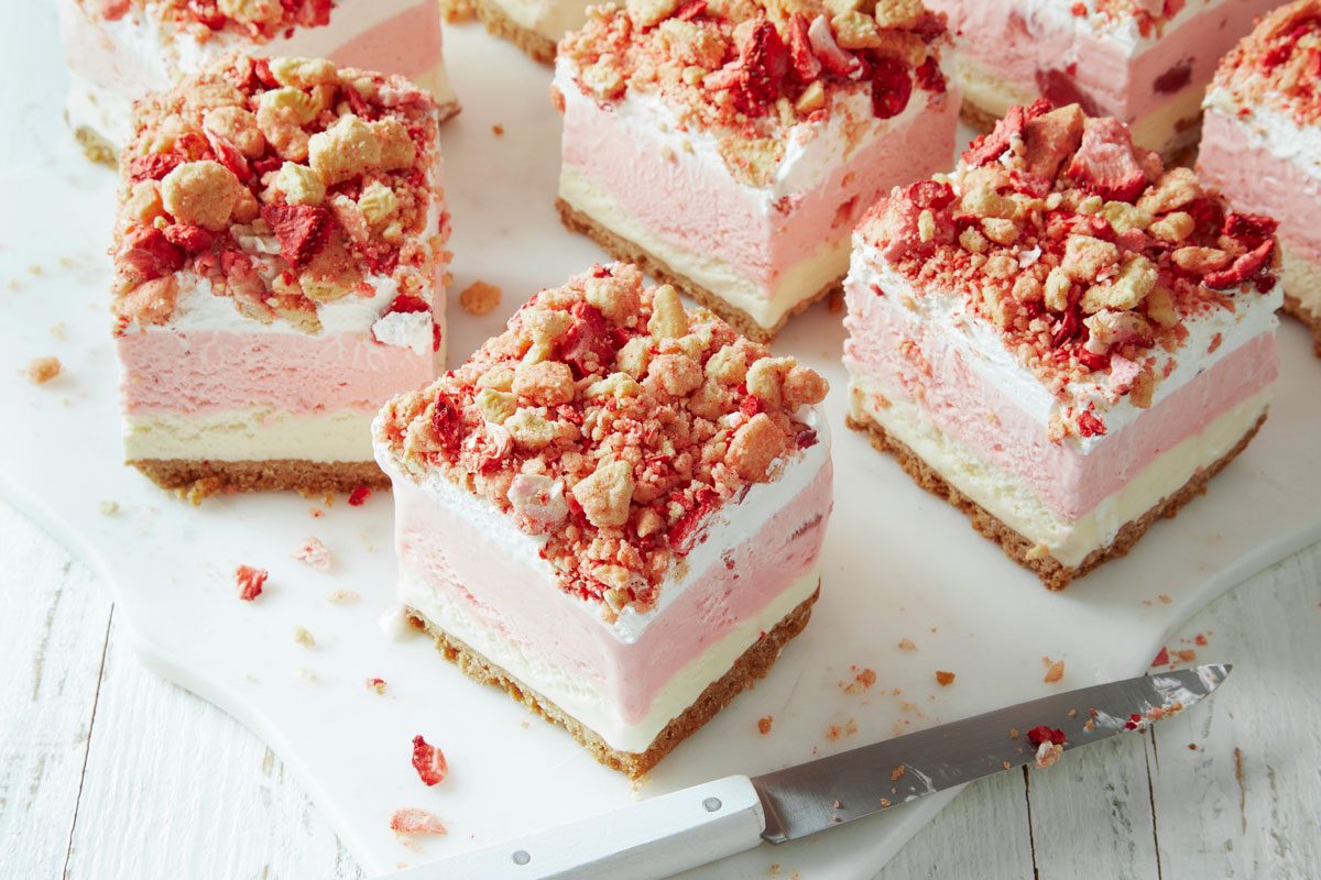 3/4th shot of Strawberry Crunch Ice Cream Cake