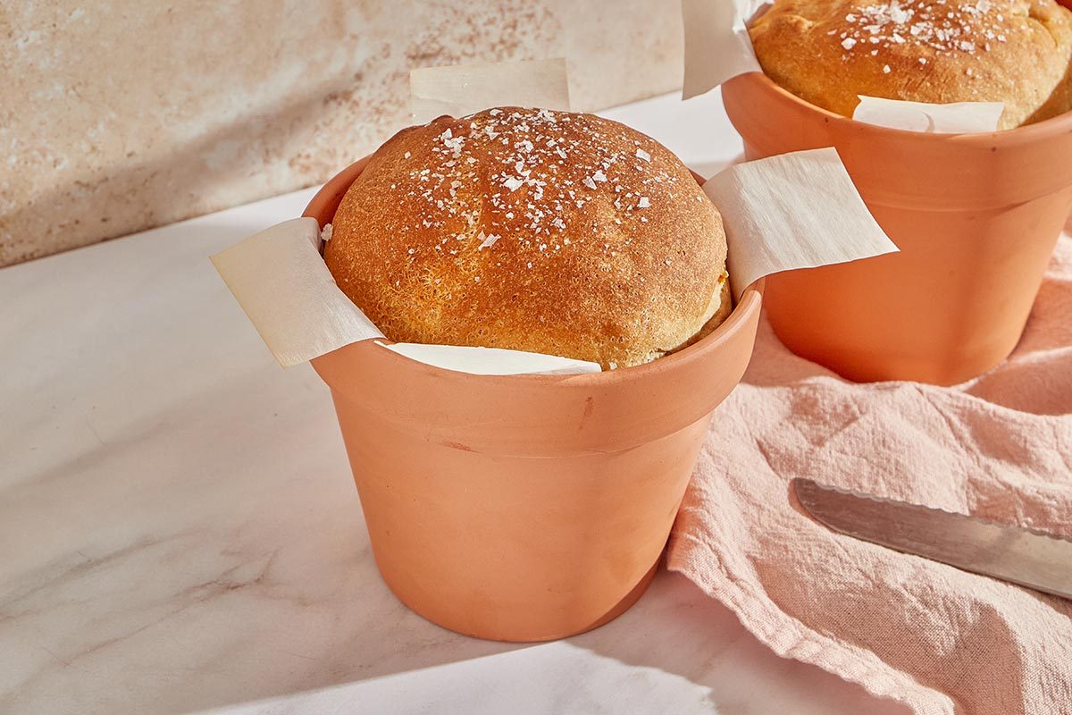 Bread loaf baked in a terra cotta flowerpot