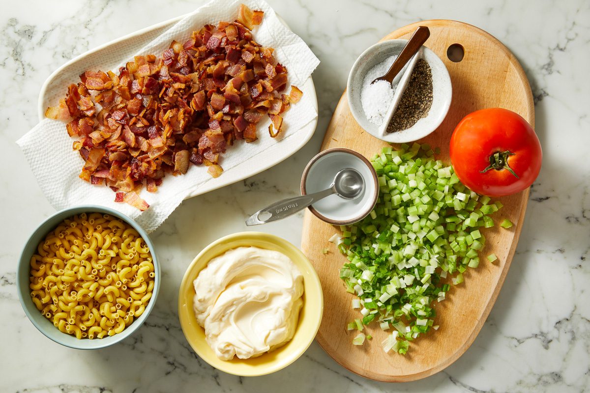 elbow macaroni, tomato, celery, green onion, bacon and dressing
