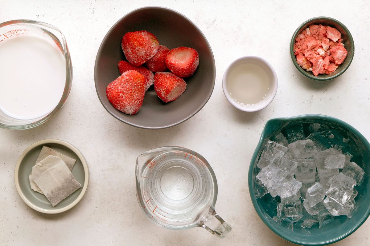 All the ingredients for Copycat Starbucks Pink Drink is on the table for the preparation